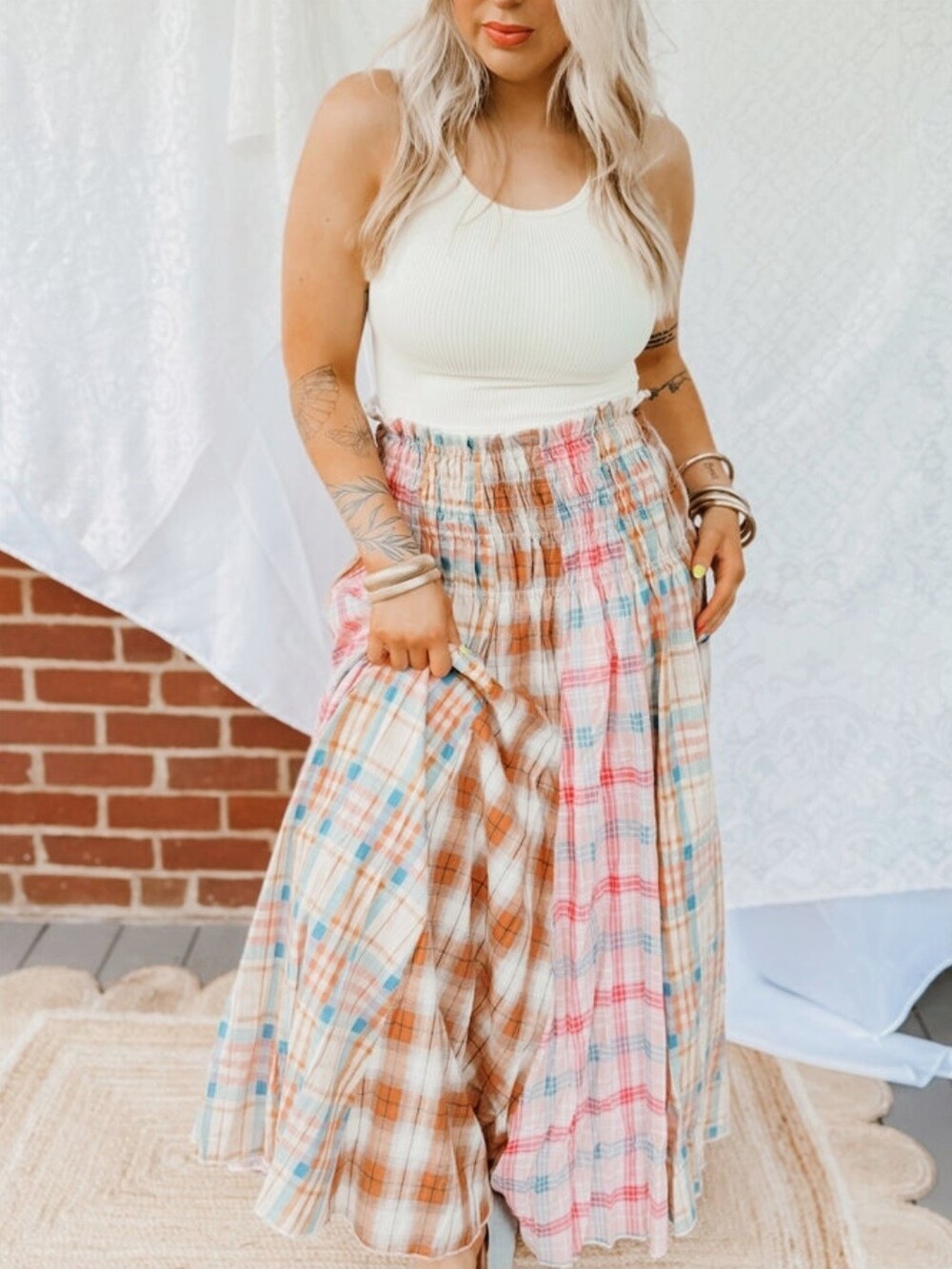Oli & Hali Mineral Wash Patchwork Plaid Smock Convertible Midi Dress Maxi Skirt - Picture 3 of 15